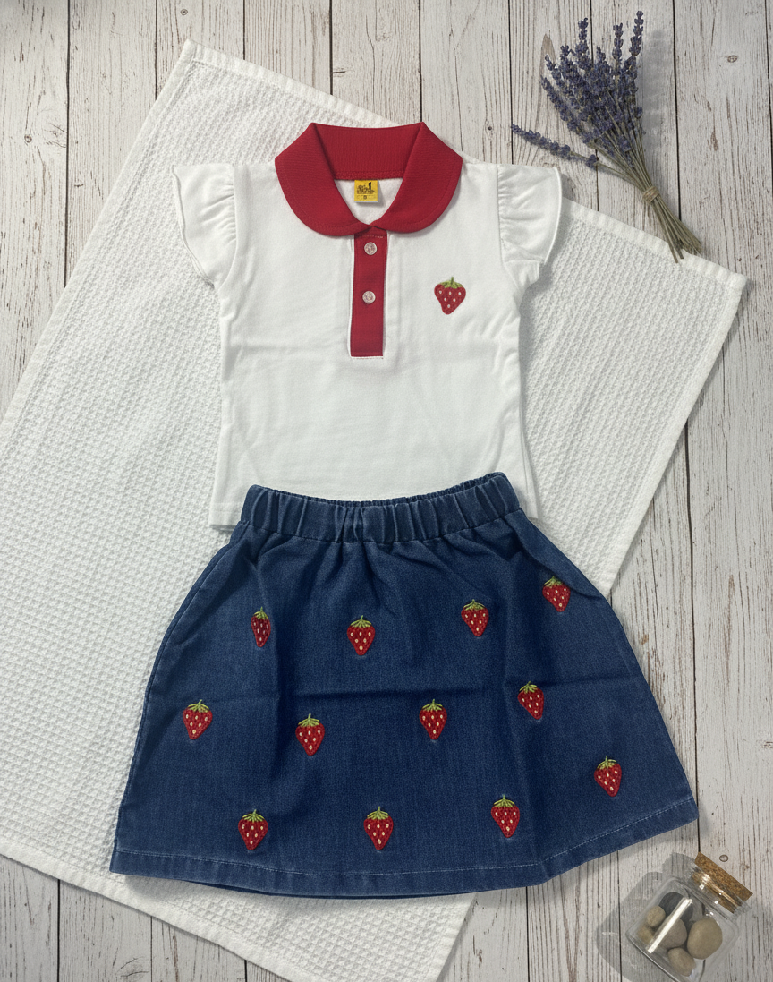 Strawberry Polo & Denim Skirt Set for Girls