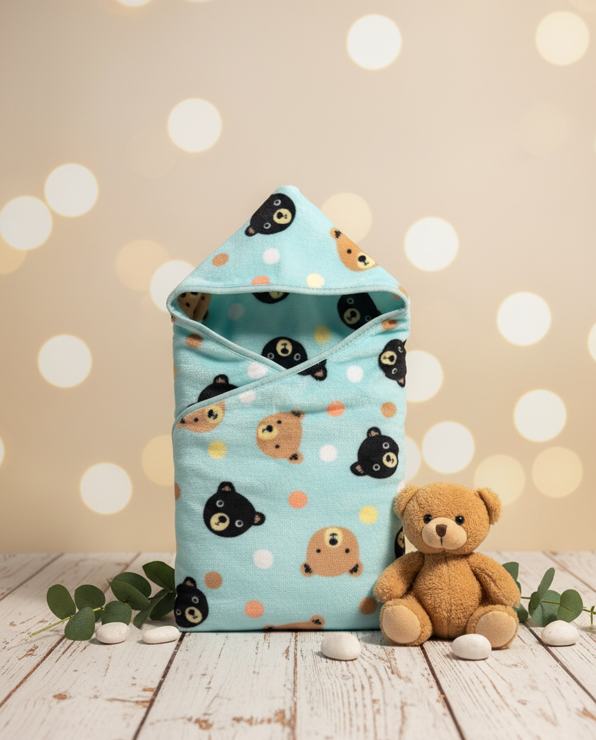 Hooded Fuzzy Bear Print Baby Swaddle Blanket/Wrap