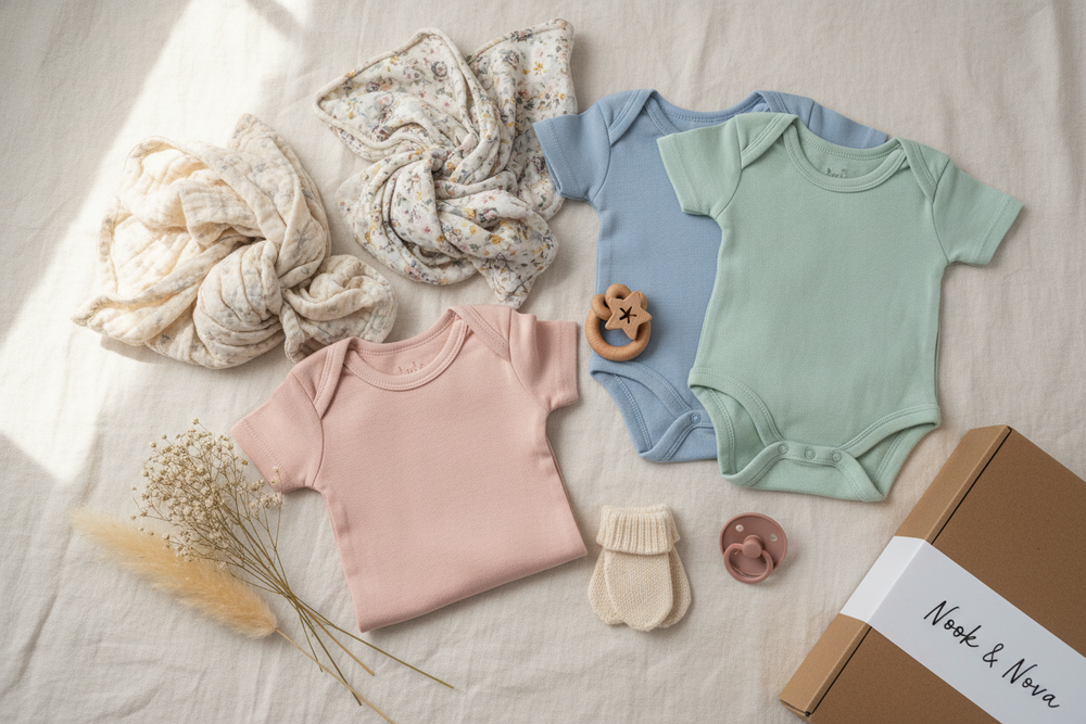 A flat-lay shot of your folded babywear — rompers, swaddles, tiny mittens, maybe a pacifier or rattle beside them.

Add a small dried flower or linen fabric underlay (cream, blush, or beige).

Soft daylight, no harsh shadows.

Maybe your packaging box or tag (“Nook & Nova”) slightly visible for brand presence.

Mood: Calm, cozy, crafted with care.

✨ Think “handmade love meets timeless simplicity.” highlight brand name Nook & Nova let the picture be colorful, aesthetic and pastel palate 