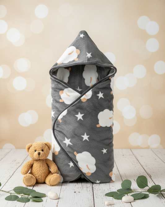 Hooded Fuzzy Sheep Print Baby Swaddle Blanket/Wrap
