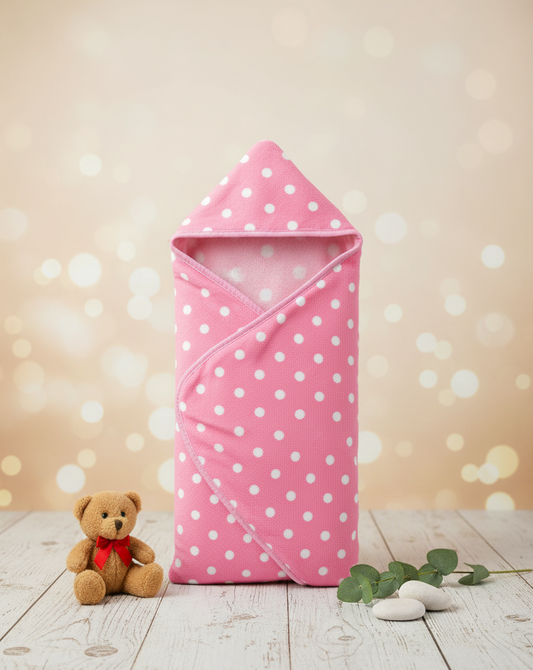 Hooded Fuzzy Pink Polka Dot Baby Swaddle Blanket/Wrap