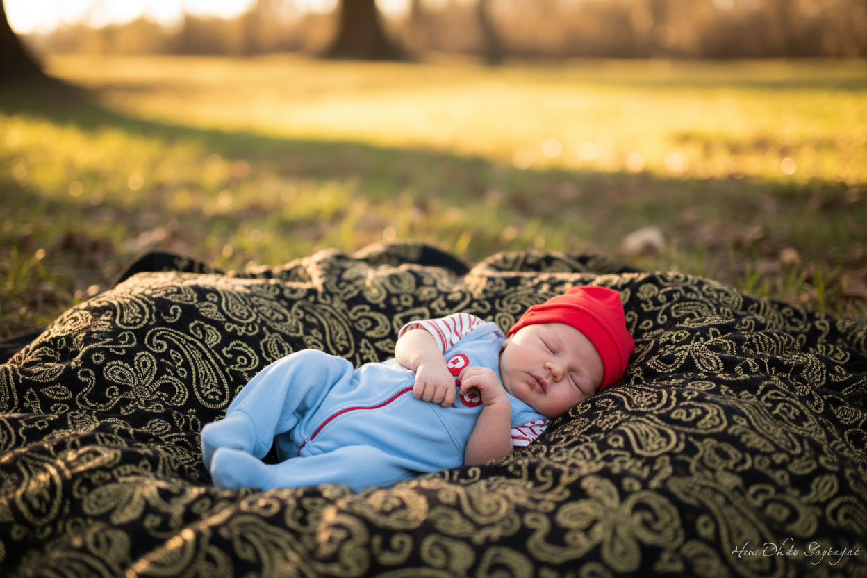 soft blanket on the ground gold and black blanket 
small baby sleeping in blue and red baby cloths its a new born baby